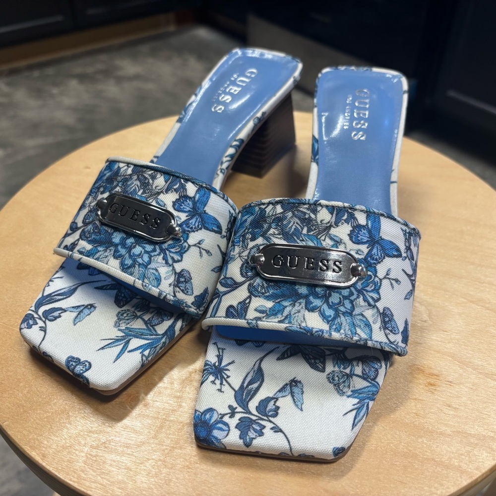 Guess Blue and White Heeled Sandals